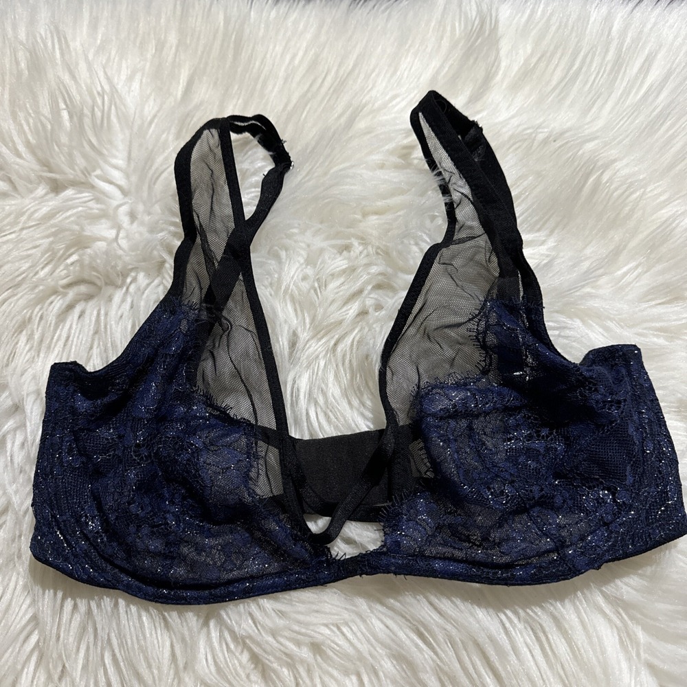 victoria's secret Very Sexy Unlined Plunge Push Up Bra 32DD Black Blue Floral